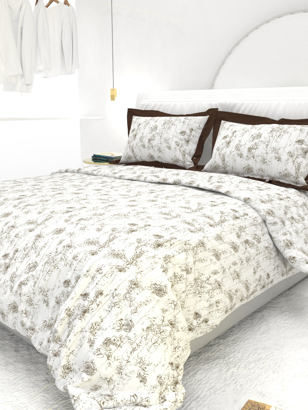 Carnation King Size Bedsheet Set with Contrast Border - White  & Brown