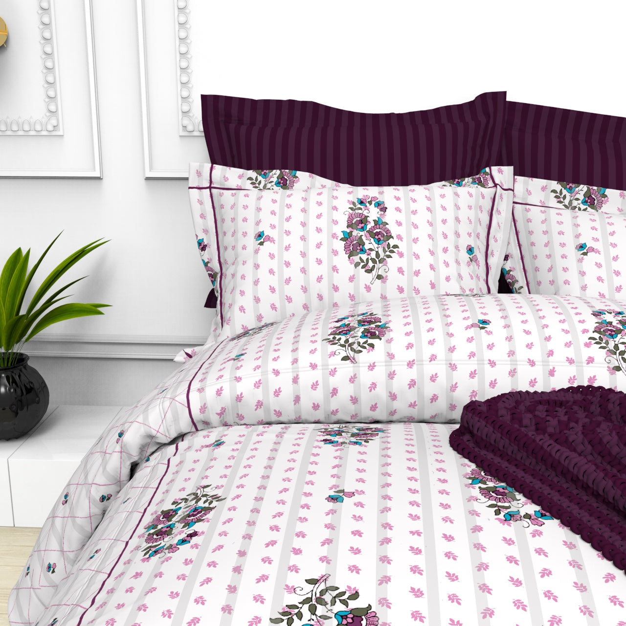Christie King Size Self-Striped Satin Bedsheet Set (4 Pillow Covers)