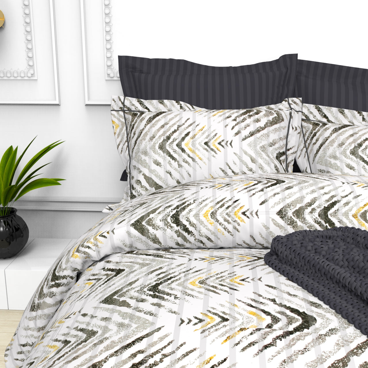 Christie King Size Self-Striped Satin Bedsheet Set (4 Pillow Covers)