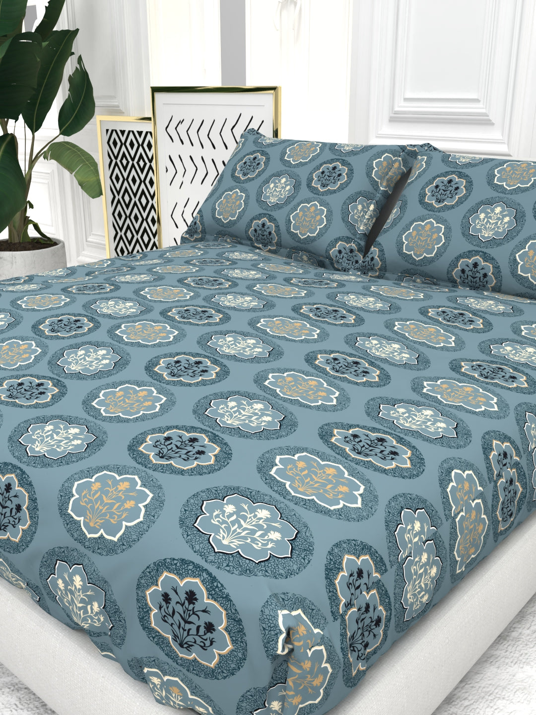 Bruno King Size Reactive Satin Bedsheet Set - Blue