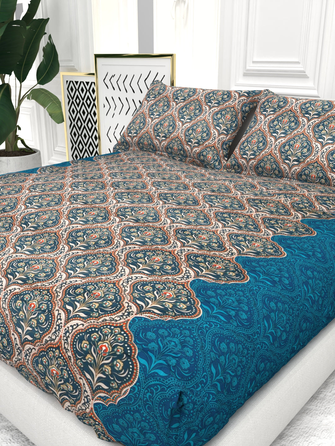 Bruno King Size Reactive Satin Bedsheet Set - Blue