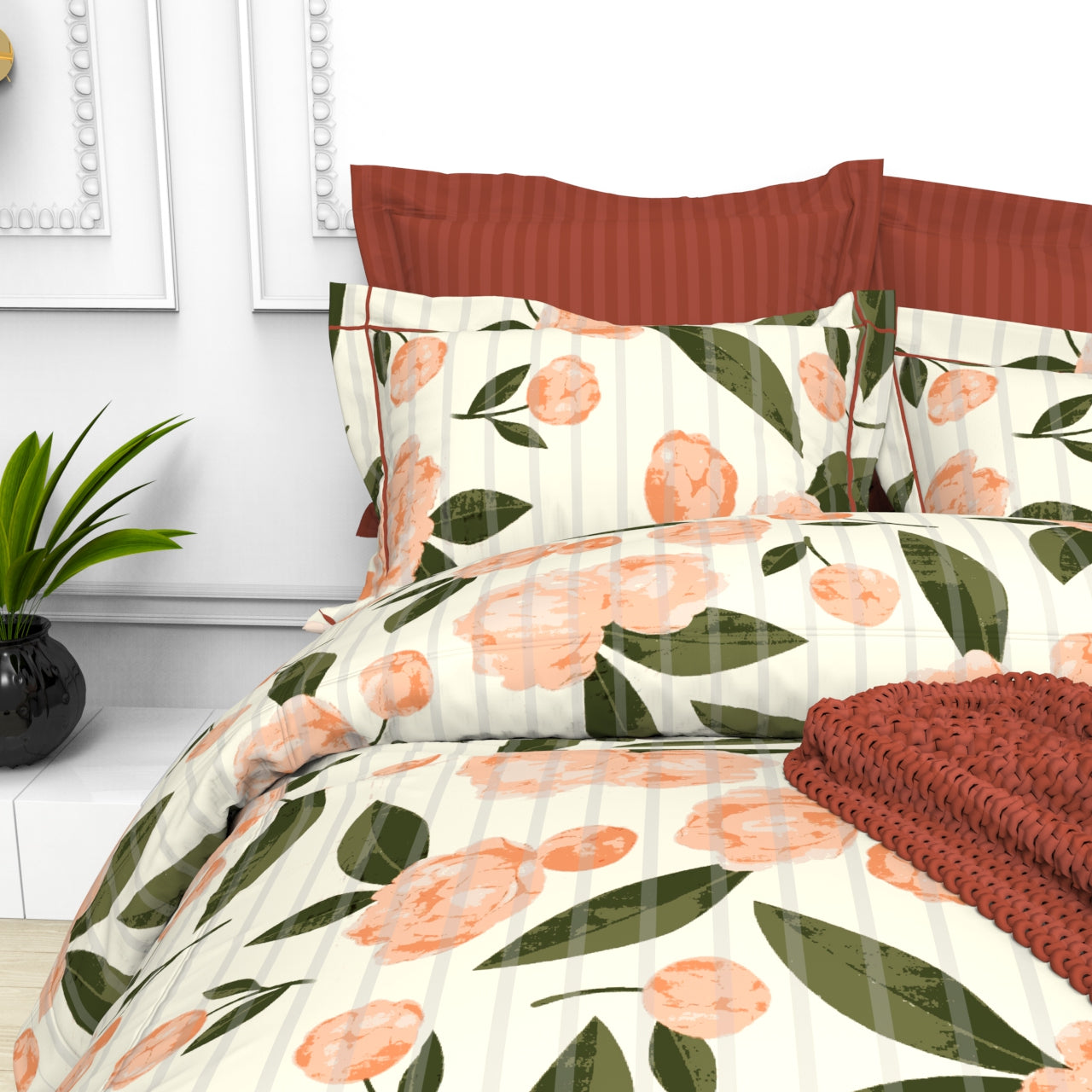 Christie King Size Self-Striped Satin Bedsheet Set (4 Pillow Covers)