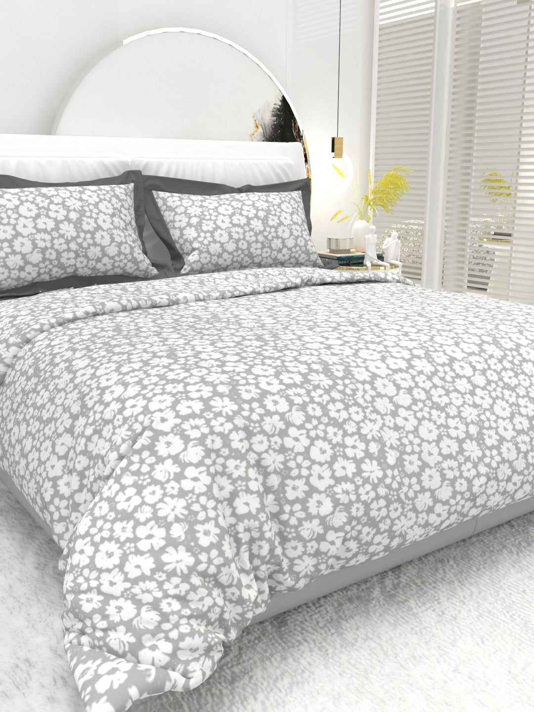 Carnation King Size Bedsheet Set with Contrast Border - Gray