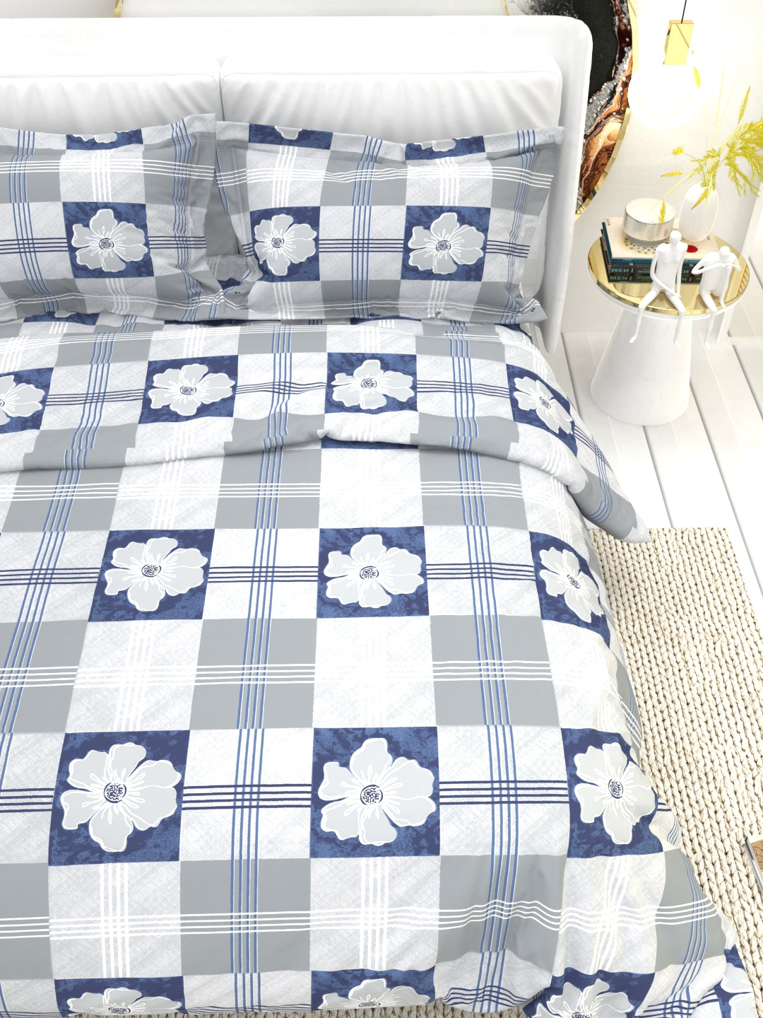 Clay Double Bed Pure Cotton Sheet Set - White & Blue