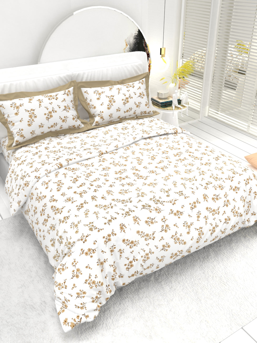 Carnation King Size Bedsheet Set with Contrast Border - White & Amber