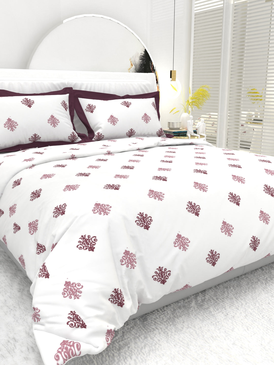 Carnation King Size Bedsheet Set with Contrast Border - White & Wine