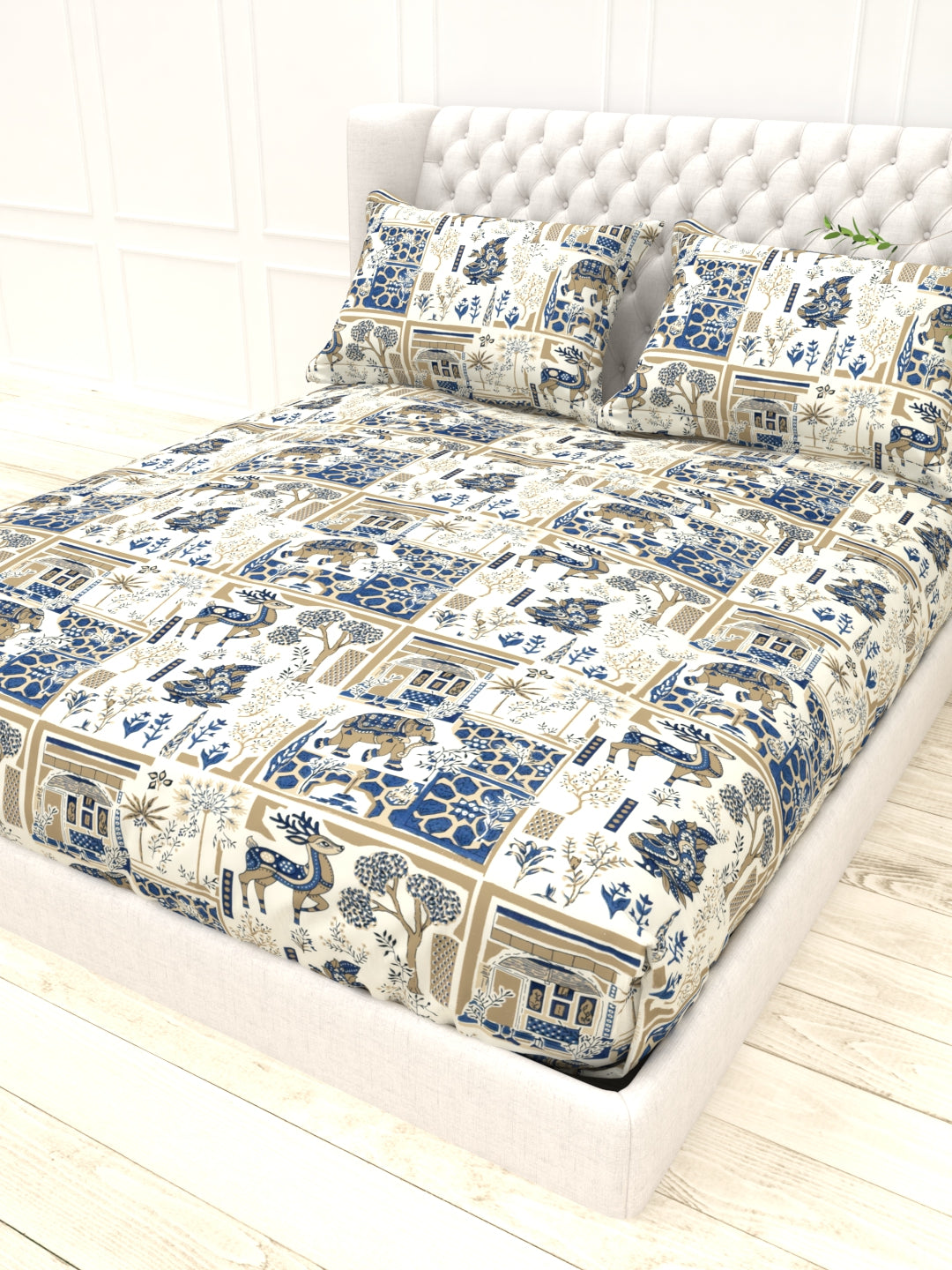 Bruno King Size Reactive Satin Bedsheet Set - Cream & Blue