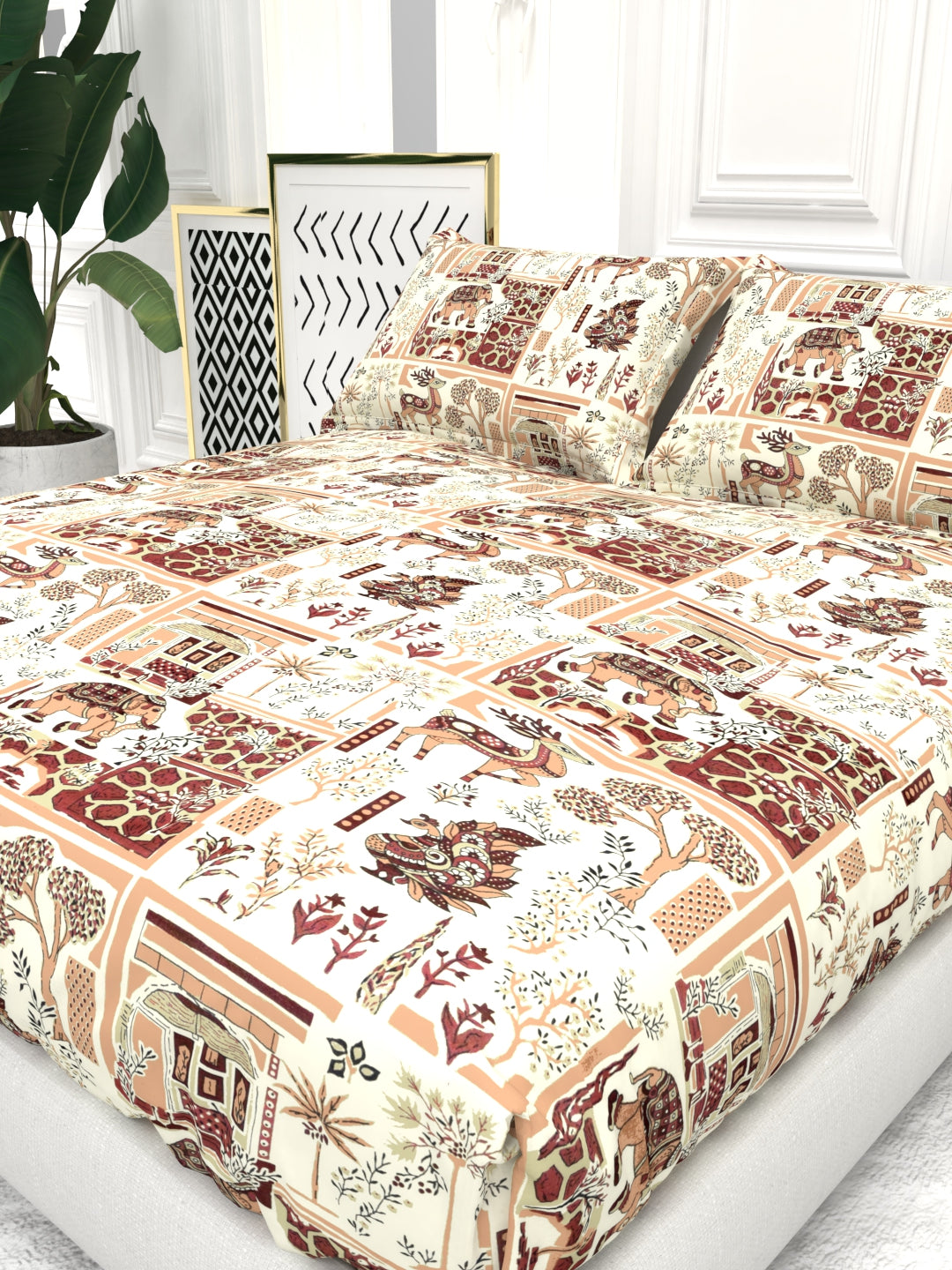 Bruno King Size Reactive Satin Bedsheet Set - Cream & rown