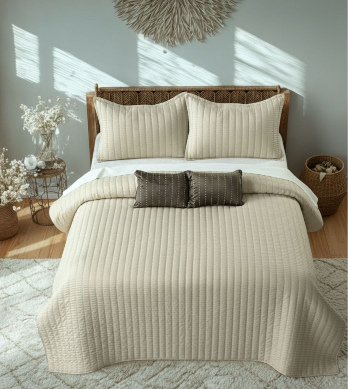 Luna 5-Piece Quilted & Embroidered Bedcover Ensemble - Ivory