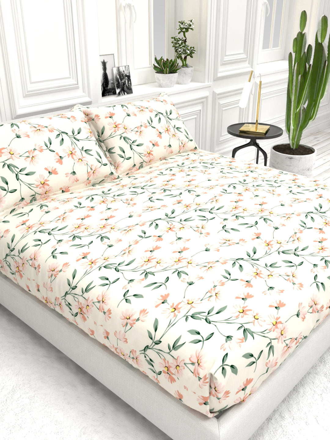 Cider Double Bed Micro-Cotton Sheet Set - Cream & Peach