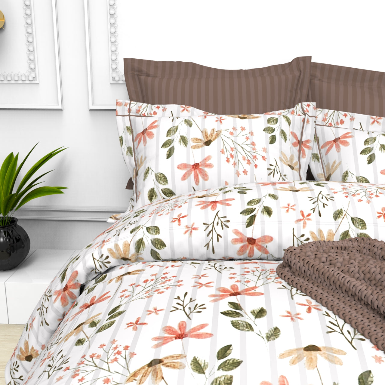 Christie King Size Self-Striped Satin Bedsheet Set (4 Pillow Covers)