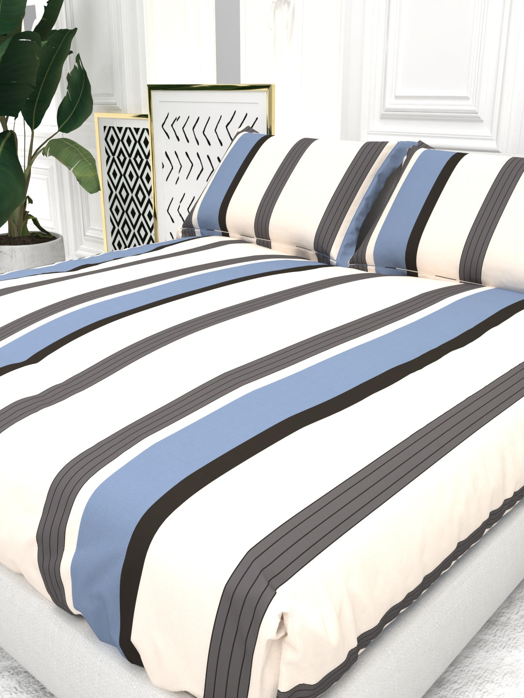 Cider Double Bed Micro-Cotton Sheet Set - Cream & Blue