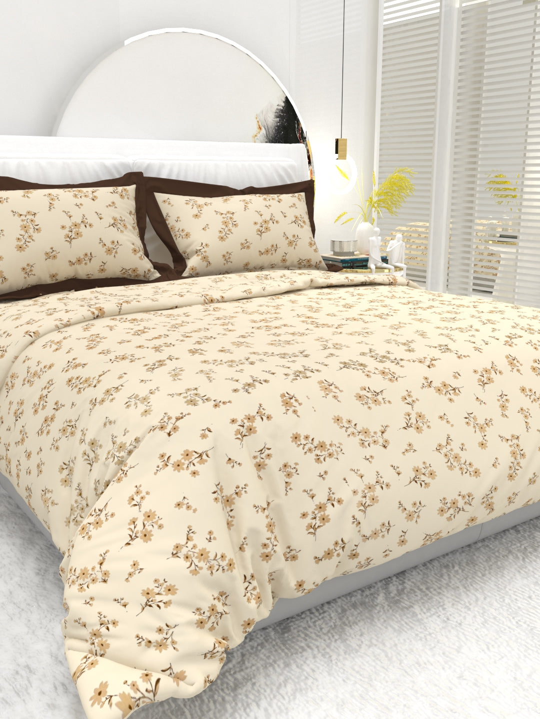 Carnation King Size Bedsheet Set with Contrast Border - Beige Brown