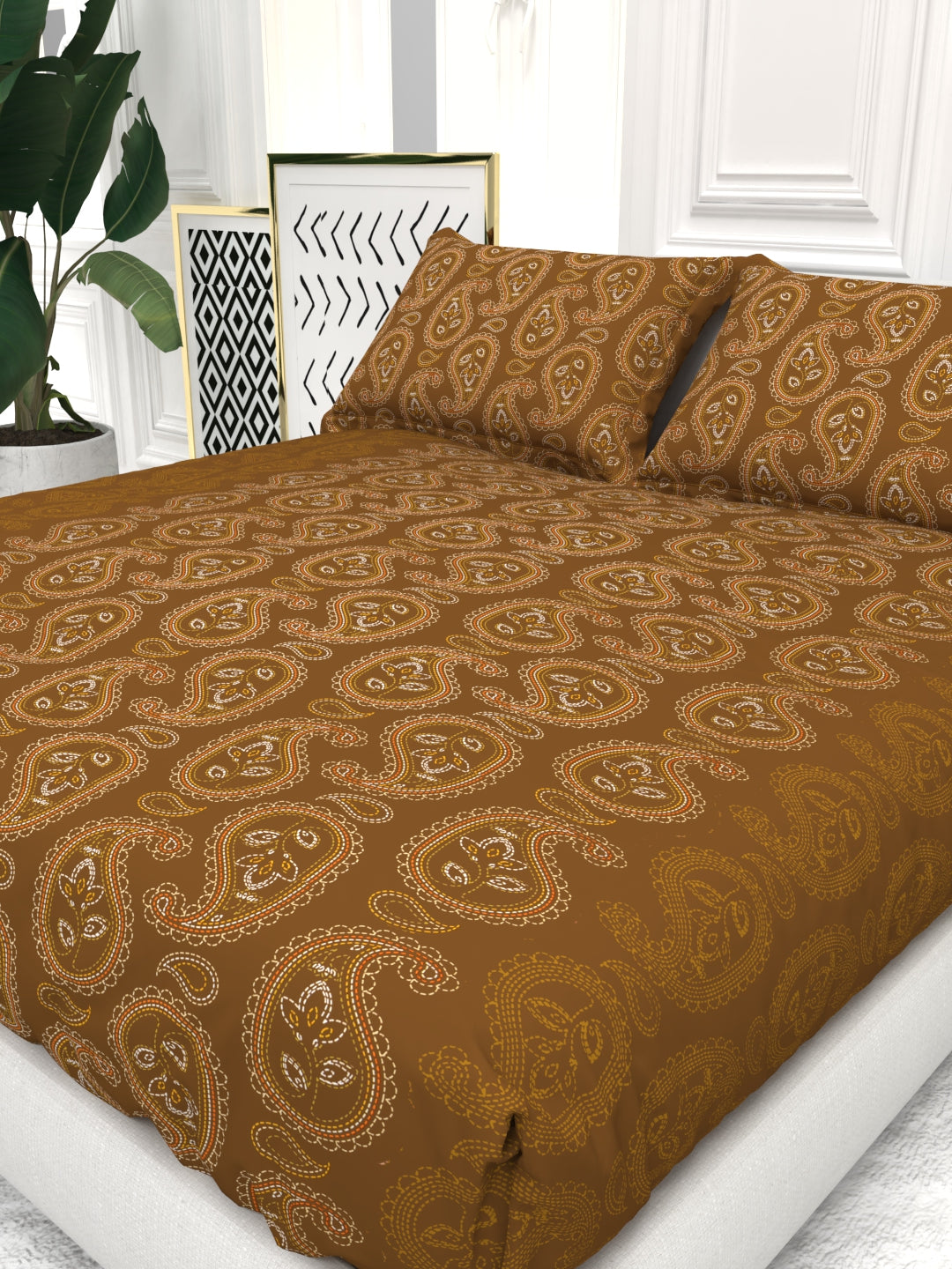 Bruno King Size Reactive Satin Bedsheet Set - Copper Brown