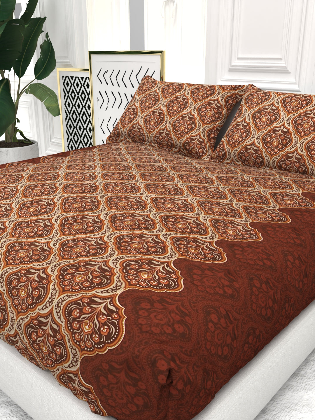 Bruno King Size Reactive Satin Bedsheet Set - Mahogany