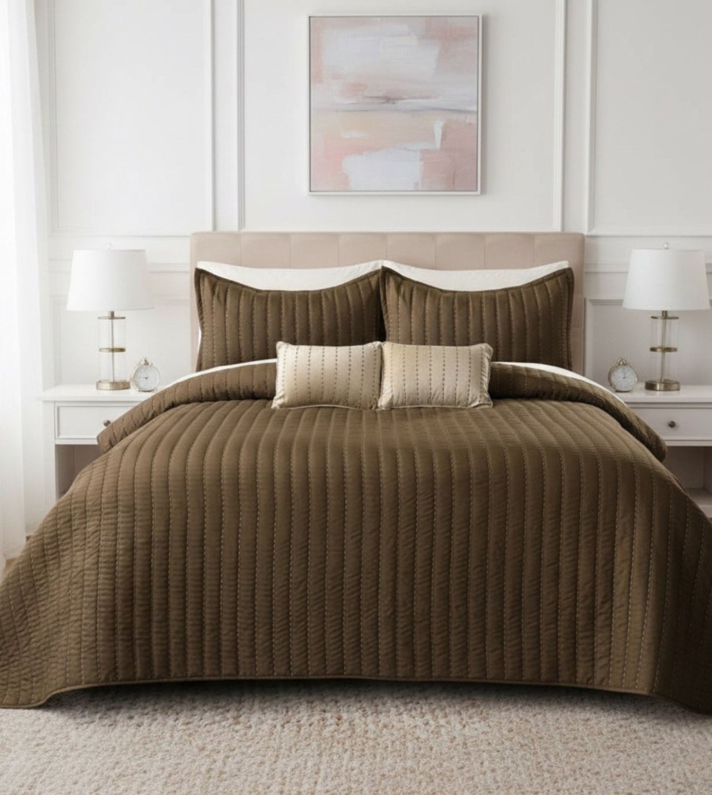 Luna 5-Piece Quilted & Embroidered Bedcover Ensemble - Chocolate Brown