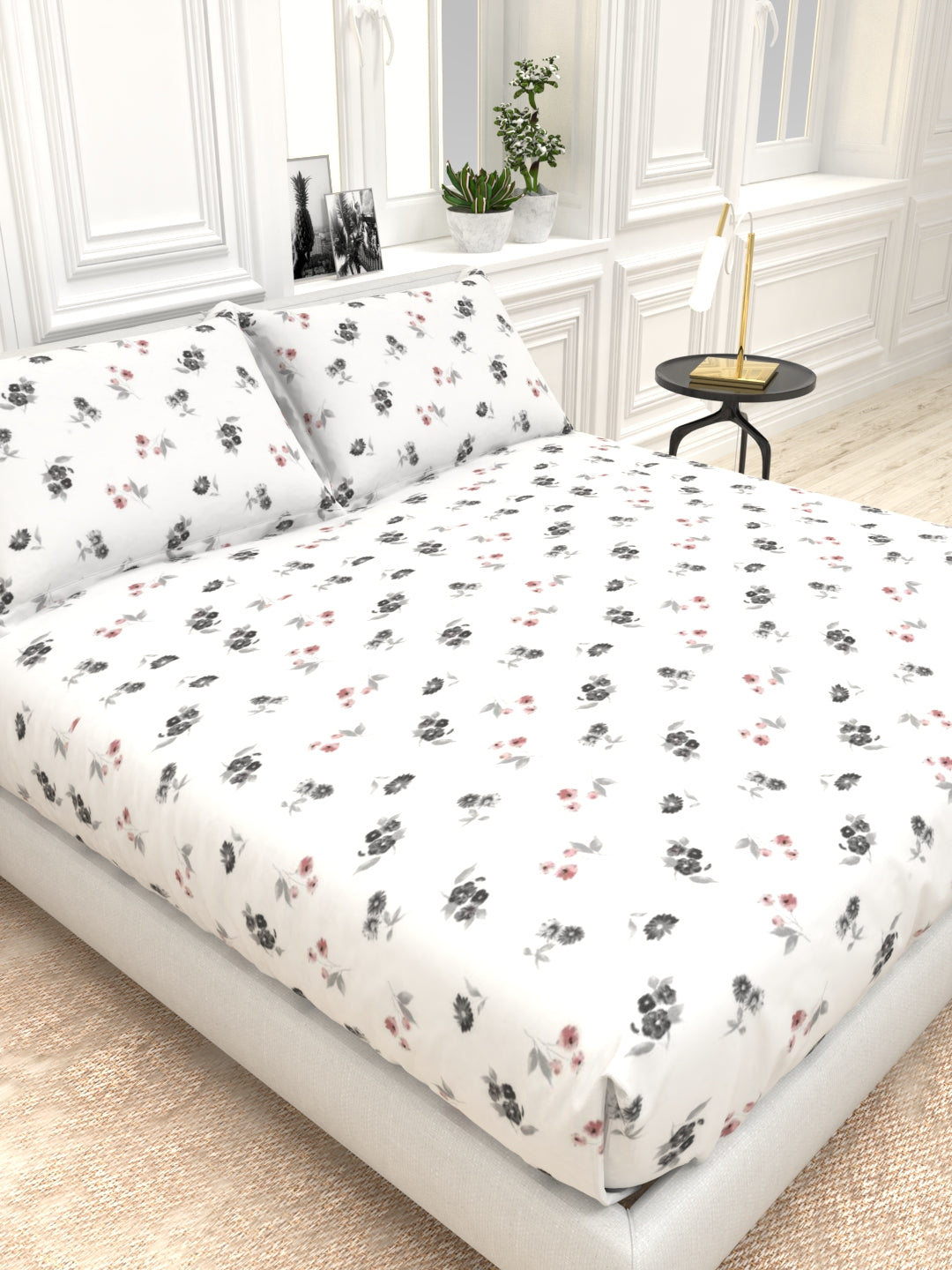 Orchid King Size Percale Bedsheet Set - White & Gray