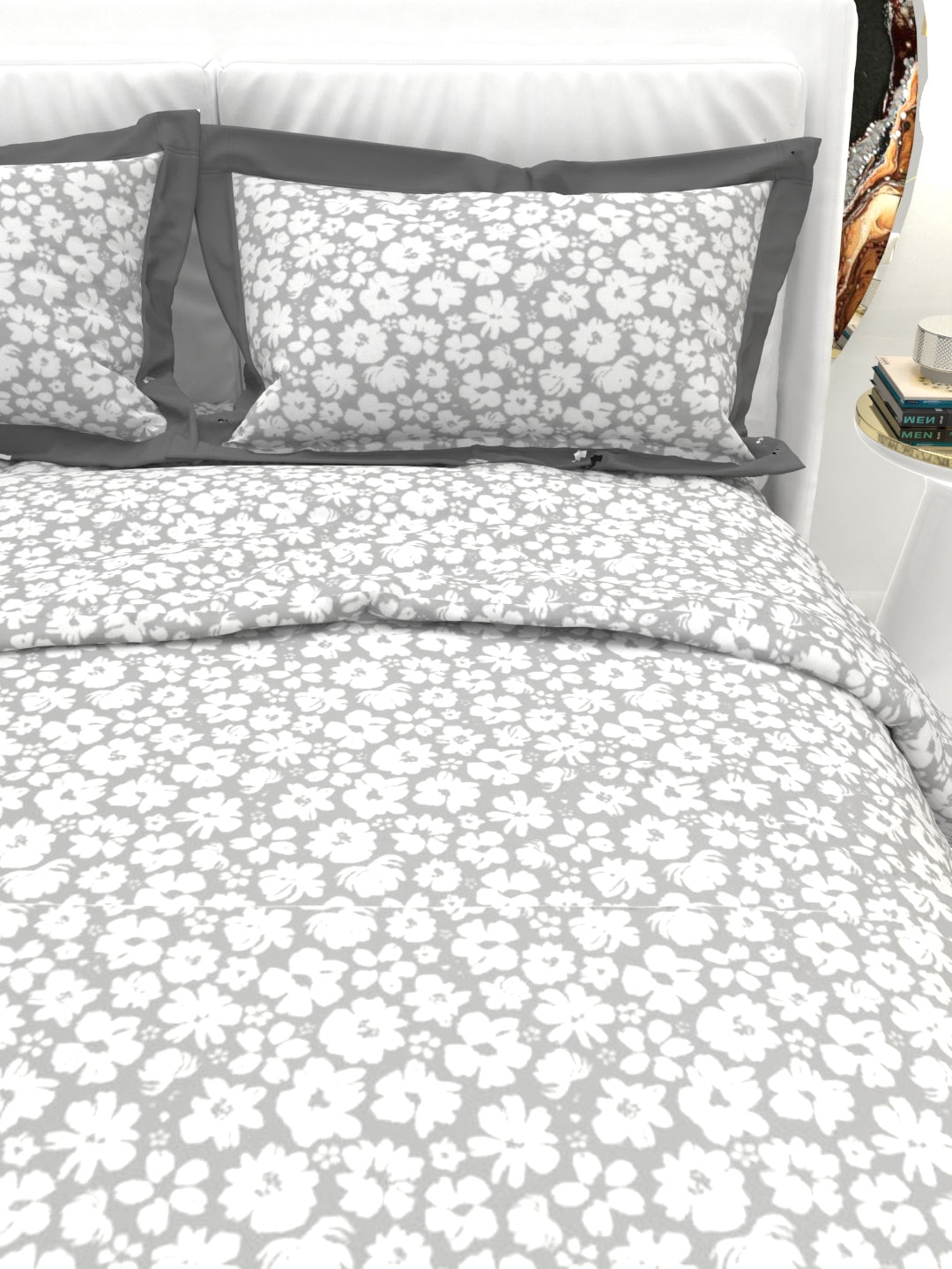 Carnation King Size Bedsheet Set with Contrast Border - Gray