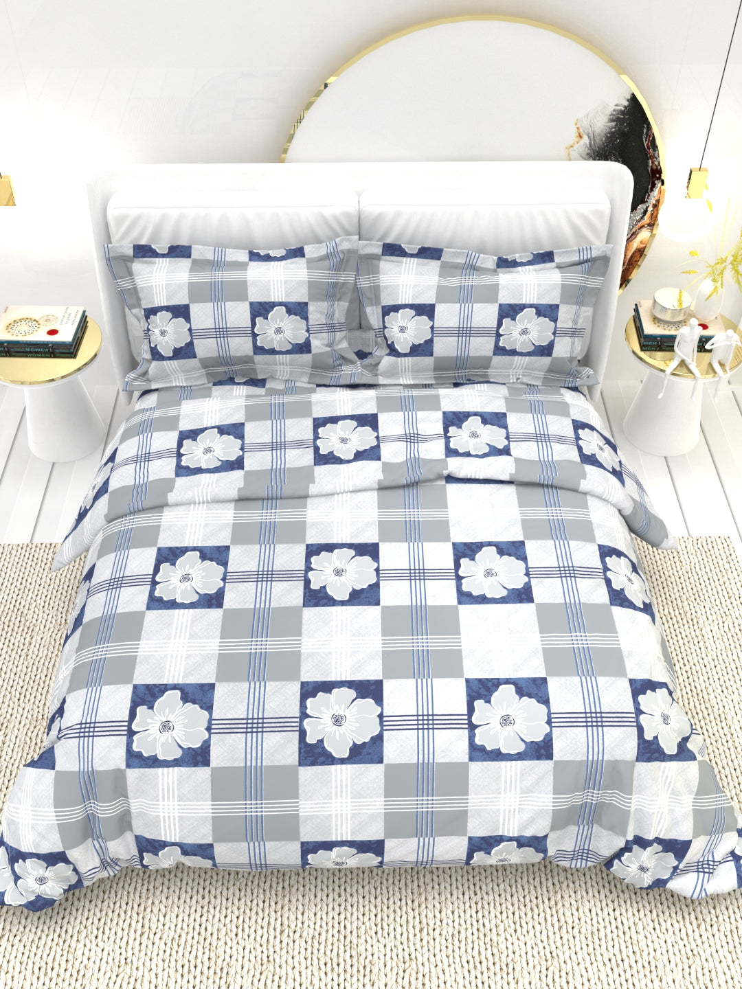 Clay Double Bed Pure Cotton Sheet Set - White & Blue