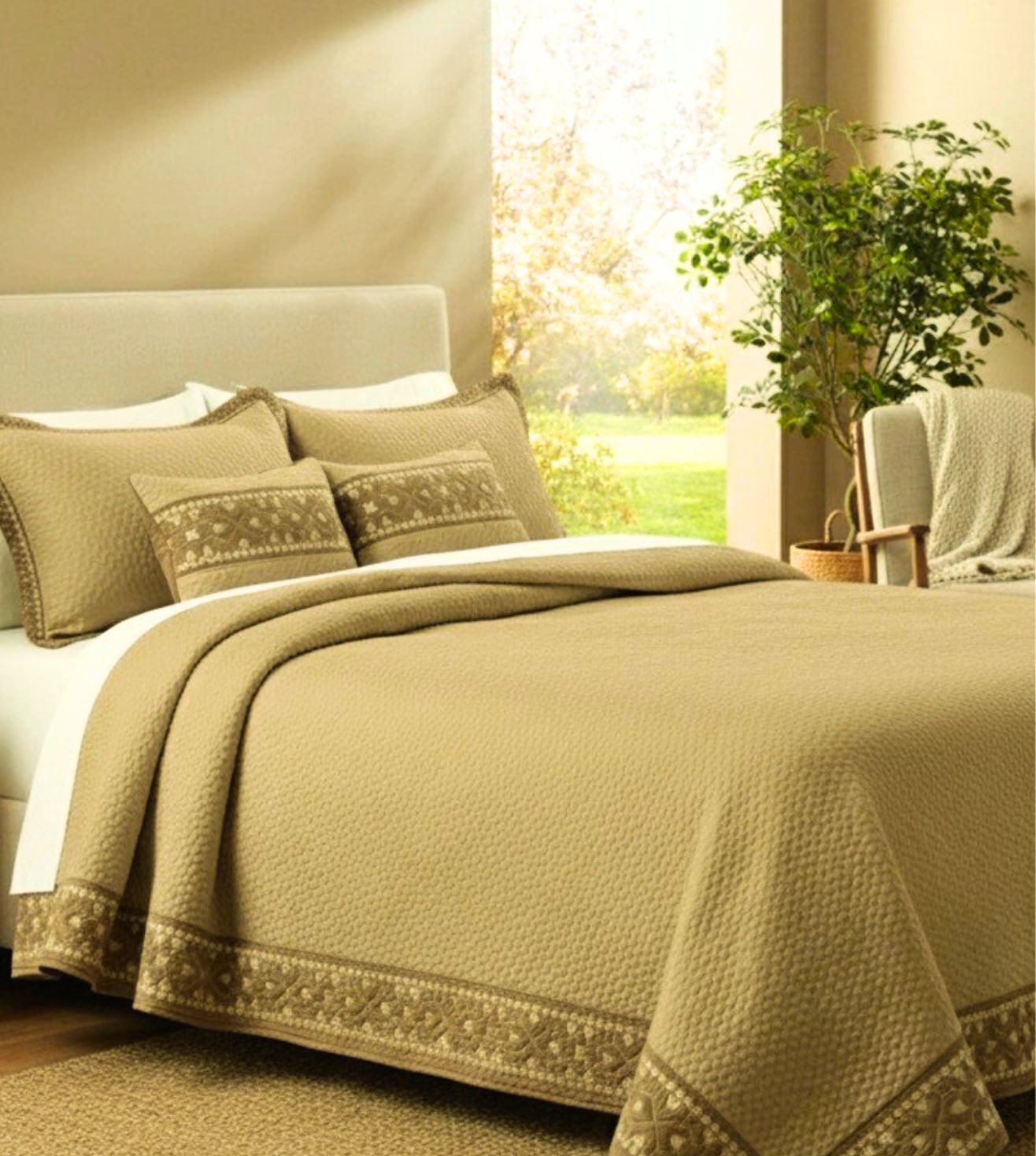 Noir 5-Piece Quilted & Embroidered Bedcover Ensemble - Camel