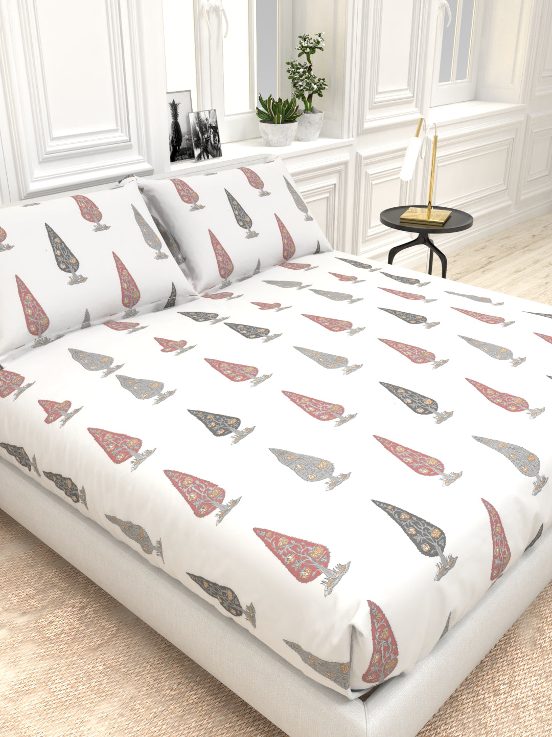 Orchid King Size Percale Bedsheet Set - Wjite & Pink