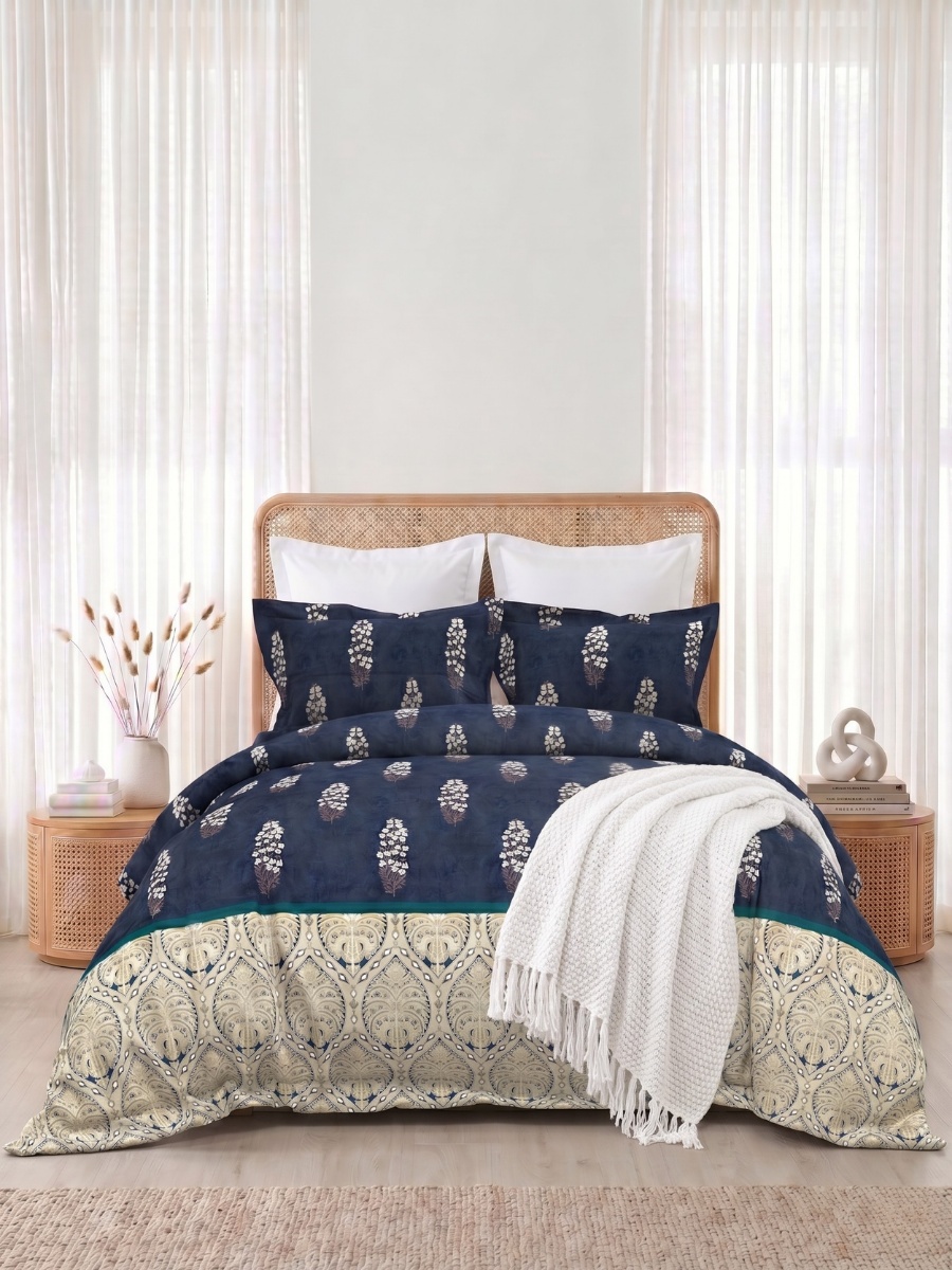 Bruno King Size Reactive Satin Bedsheet Set - Navy Blue
