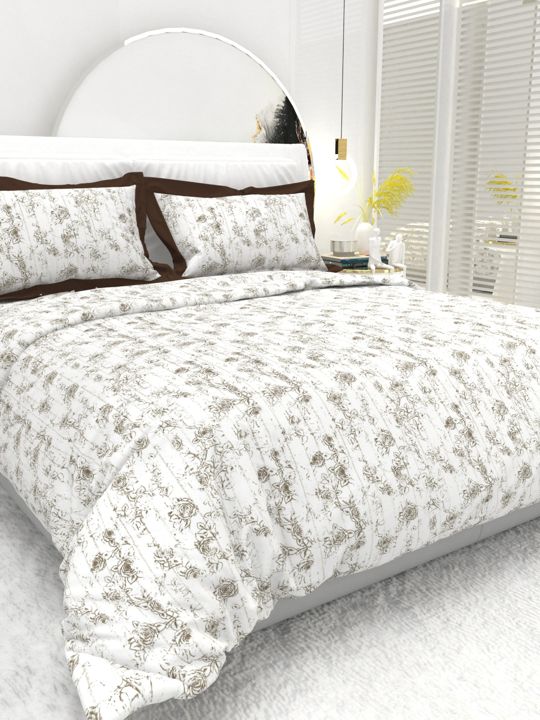 Carnation King Size Bedsheet Set with Contrast Border - White  & Brown