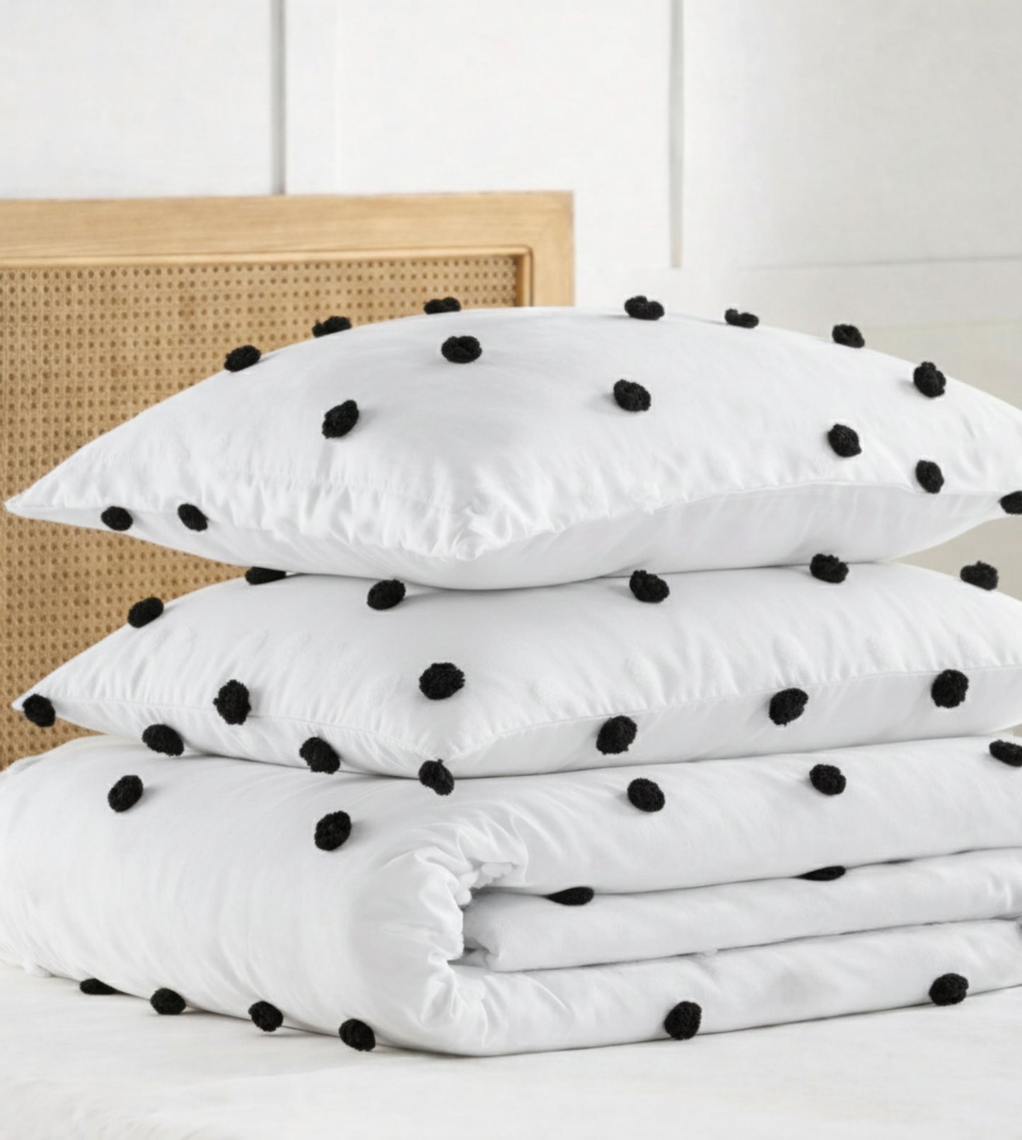 Privee Hand-Crafted Pom Pom Comforter Set (400Tc Satin) - White & Black