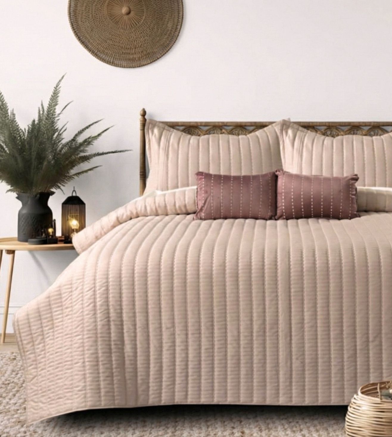 Luna 5-Piece Quilted & Embroidered Bedcover Ensemble -Peach Pink