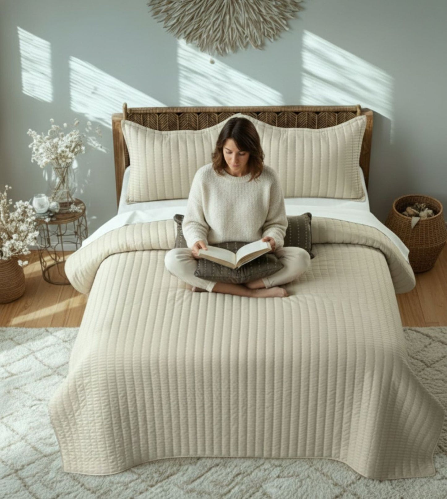 Luna 5-Piece Quilted & Embroidered Bedcover Ensemble - Ivory