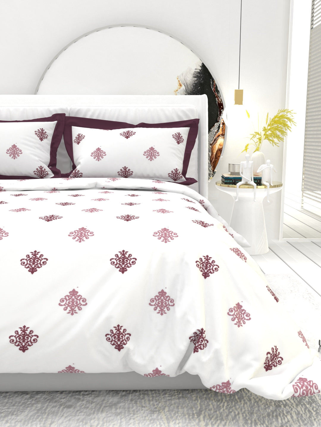 Carnation King Size Bedsheet Set with Contrast Border - White & Wine