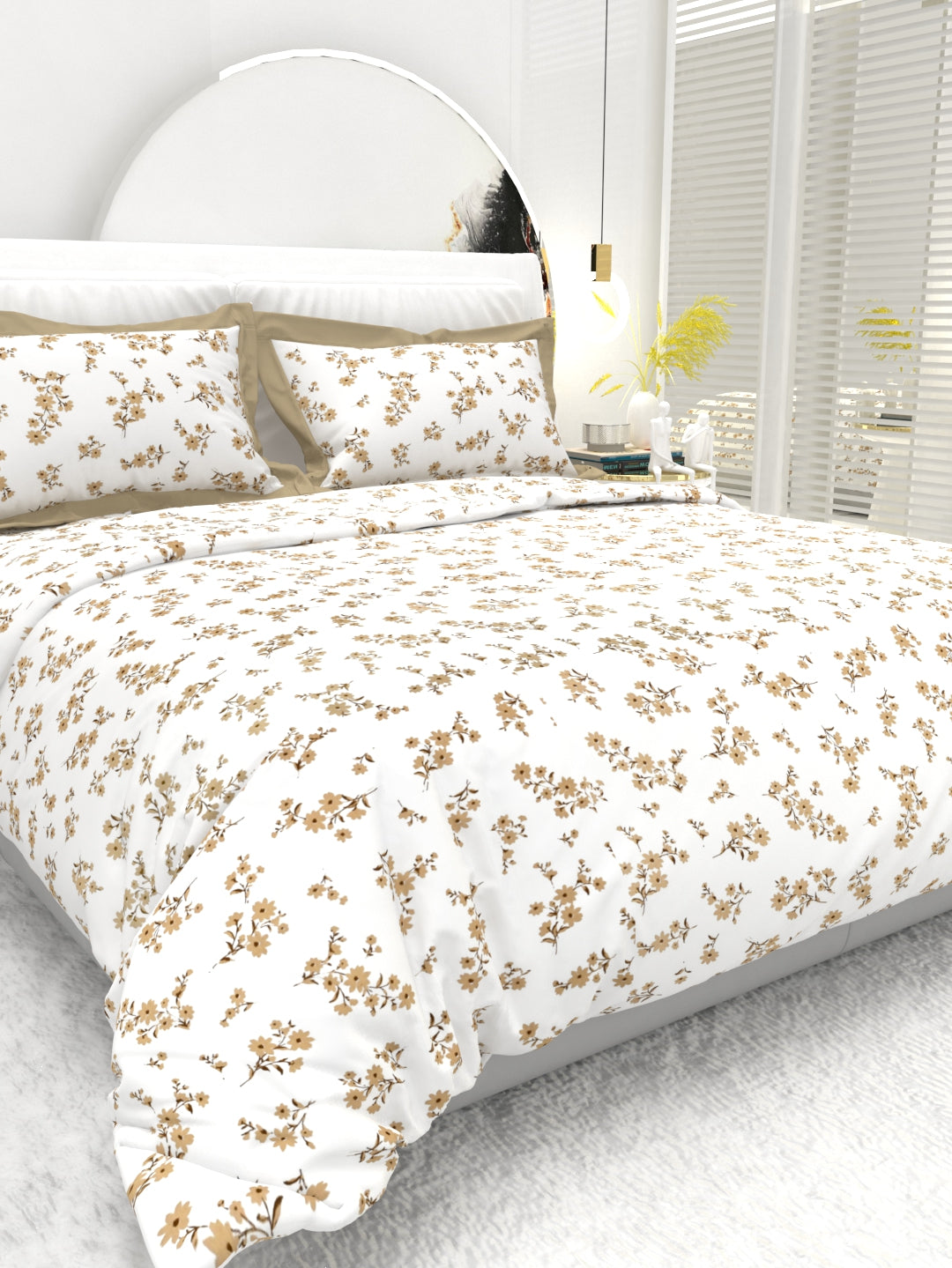 Carnation King Size Bedsheet Set with Contrast Border - White & Amber