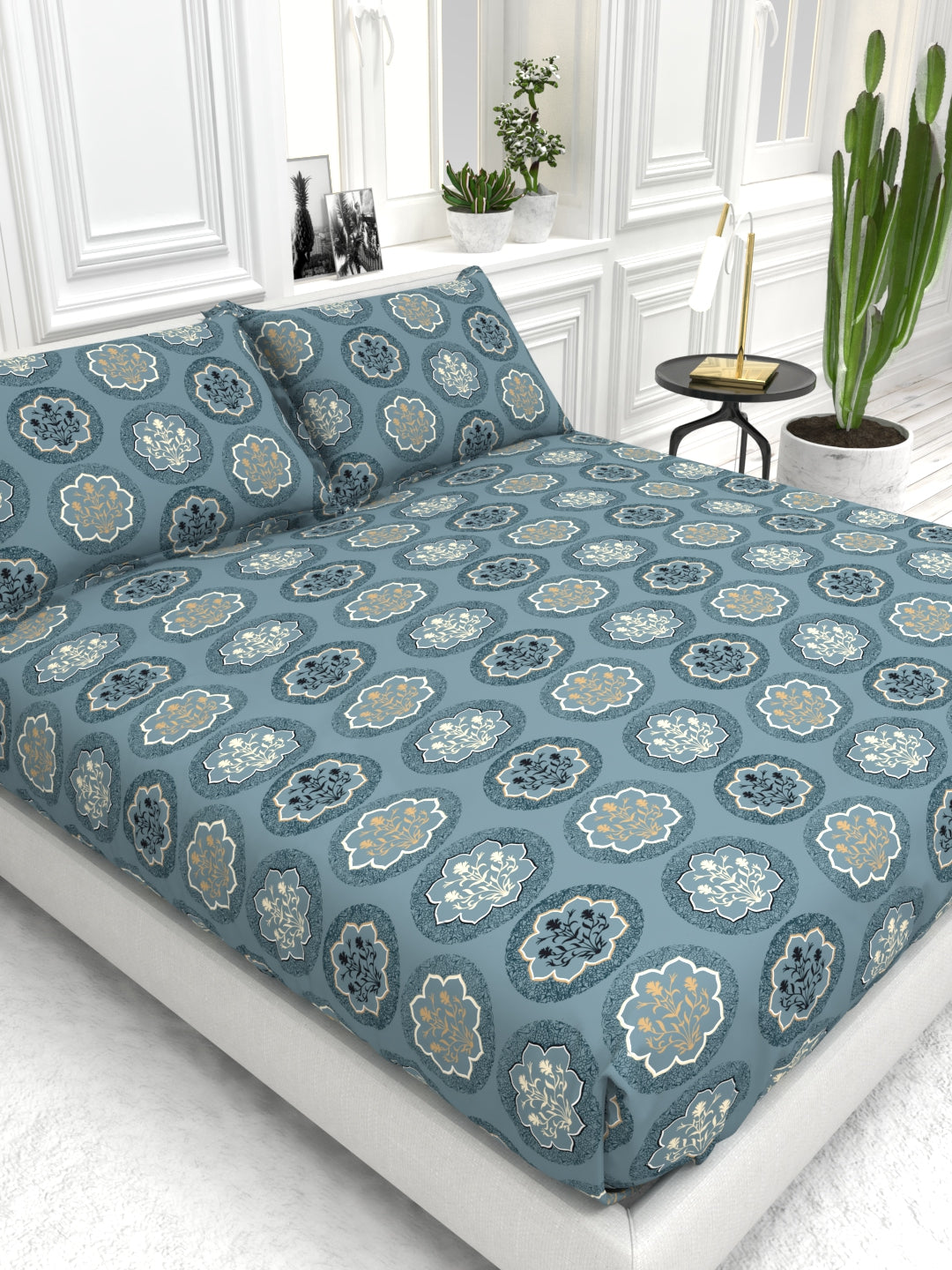 Bruno King Size Reactive Satin Bedsheet Set - Blue
