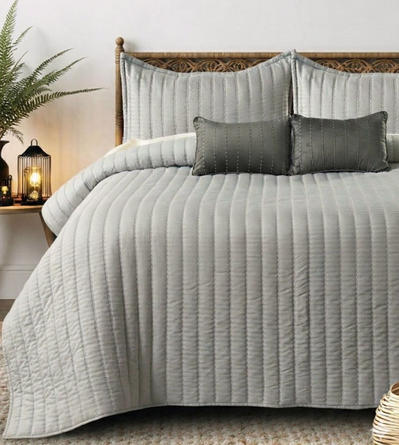 Luna 5-Piece Quilted & Embroidered Bedcover Ensemble - Silver Grey