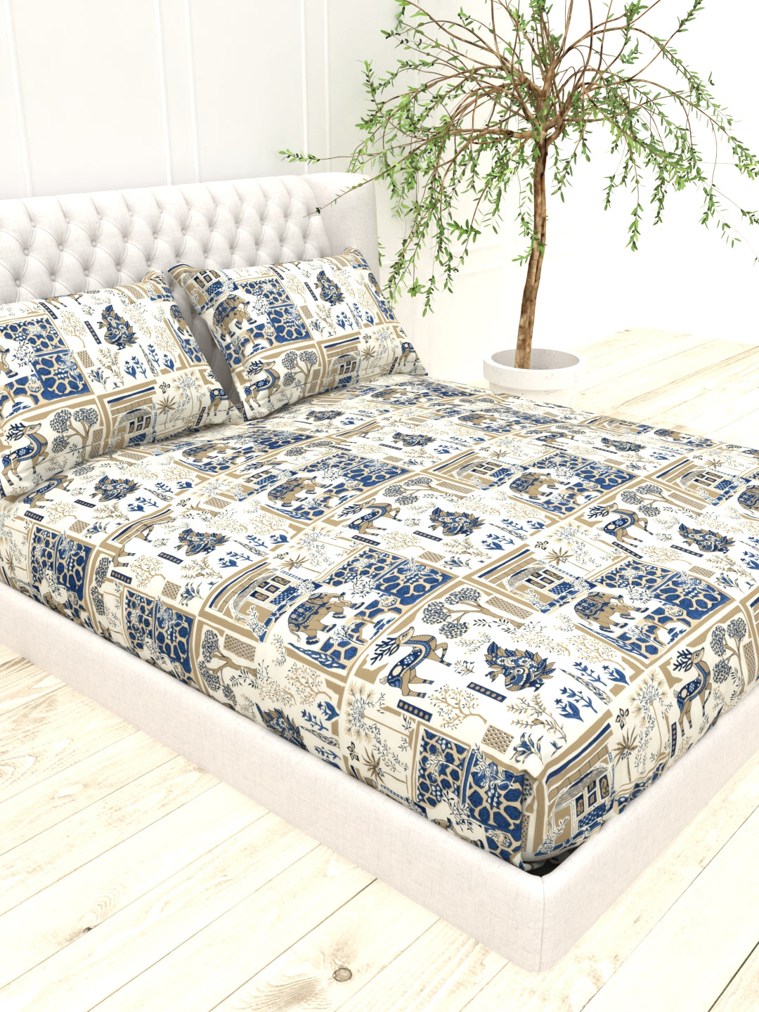 Bruno King Size Reactive Satin Bedsheet Set - Cream & Blue