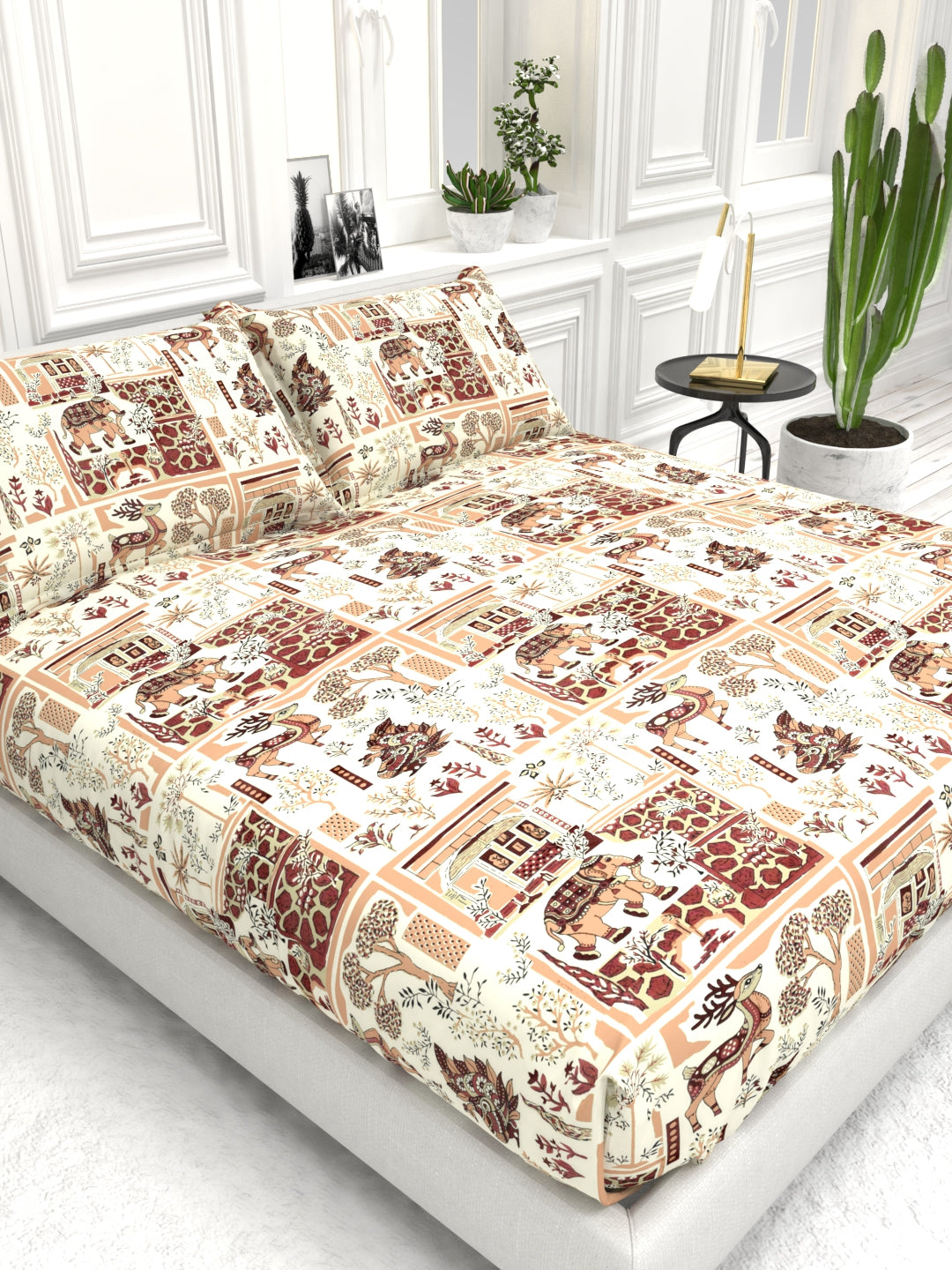 Bruno King Size Reactive Satin Bedsheet Set - Cream & rown