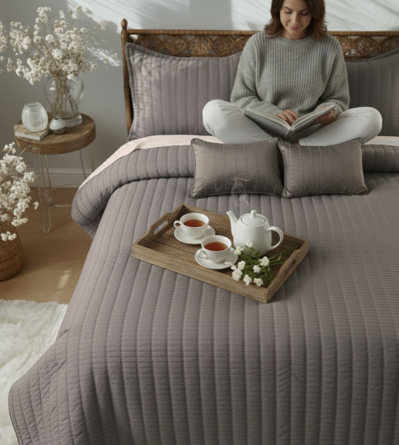 Luna 5-Piece Quilted & Embroidered Bedcover Ensemble - Amethyst Smoke