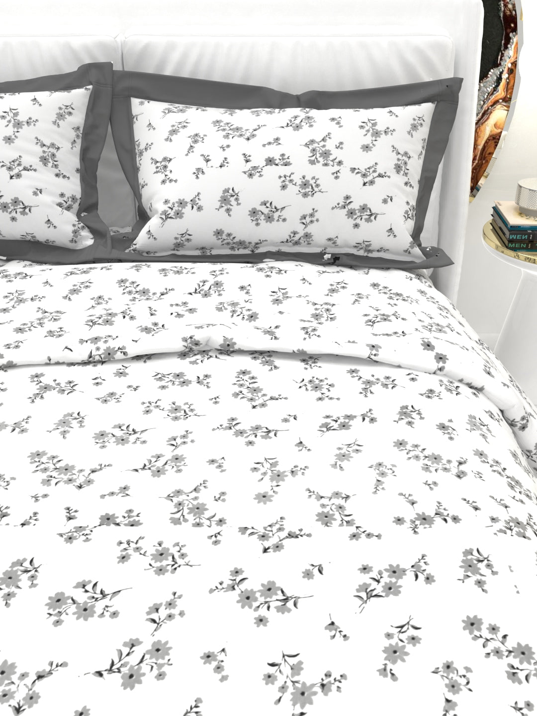 Carnation King Size Bedsheet Set with Contrast Border - White & Gray