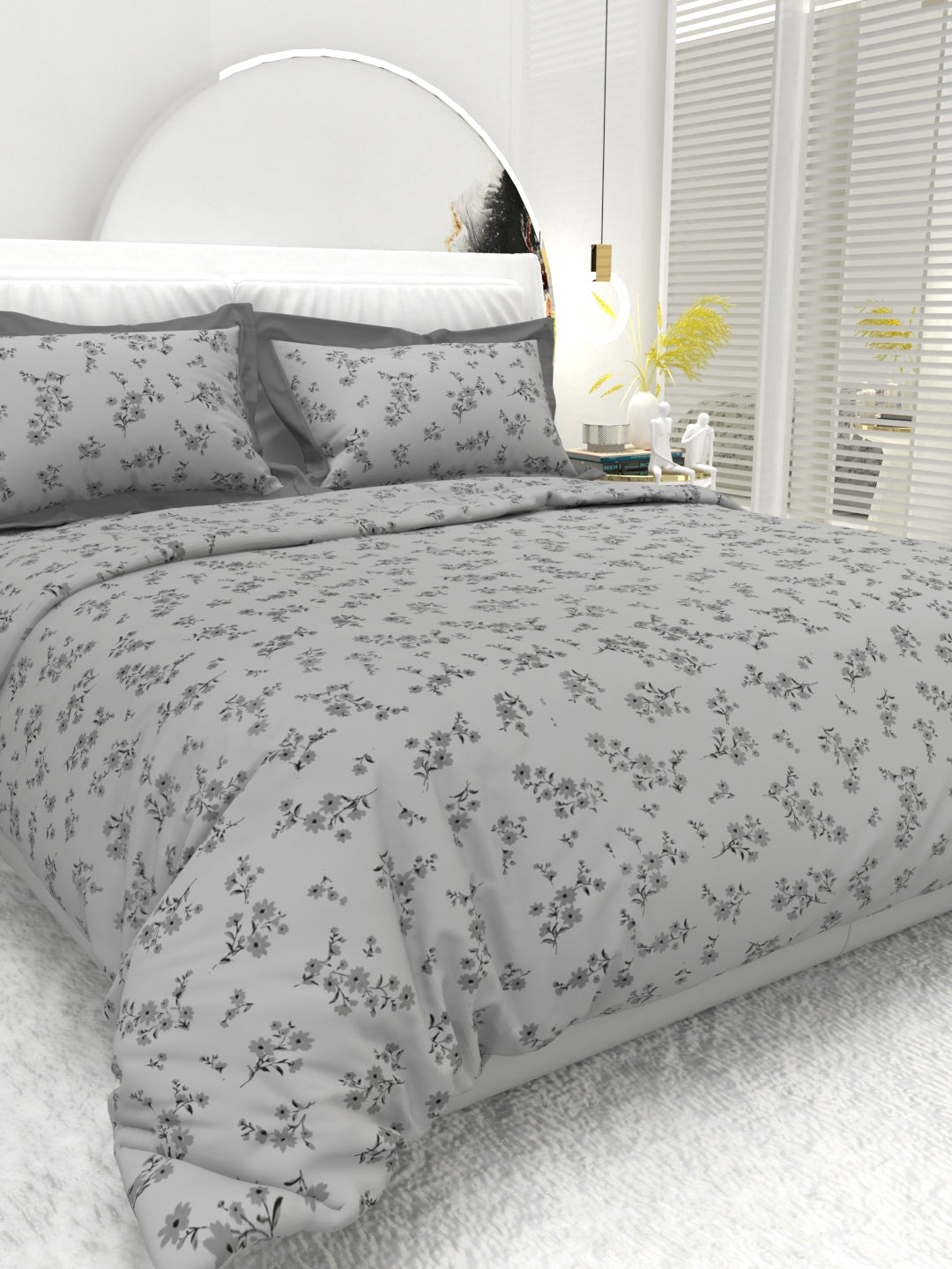 Carnation King Size Bedsheet Set with Contrast Border - Gray