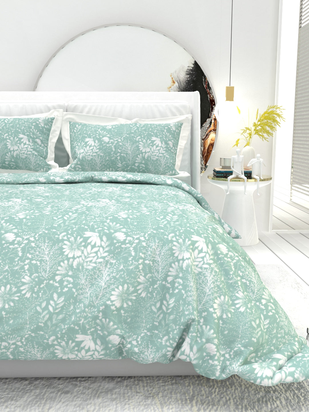 Carnation King Size Bedsheet Set with Contrast Border - Cyan
