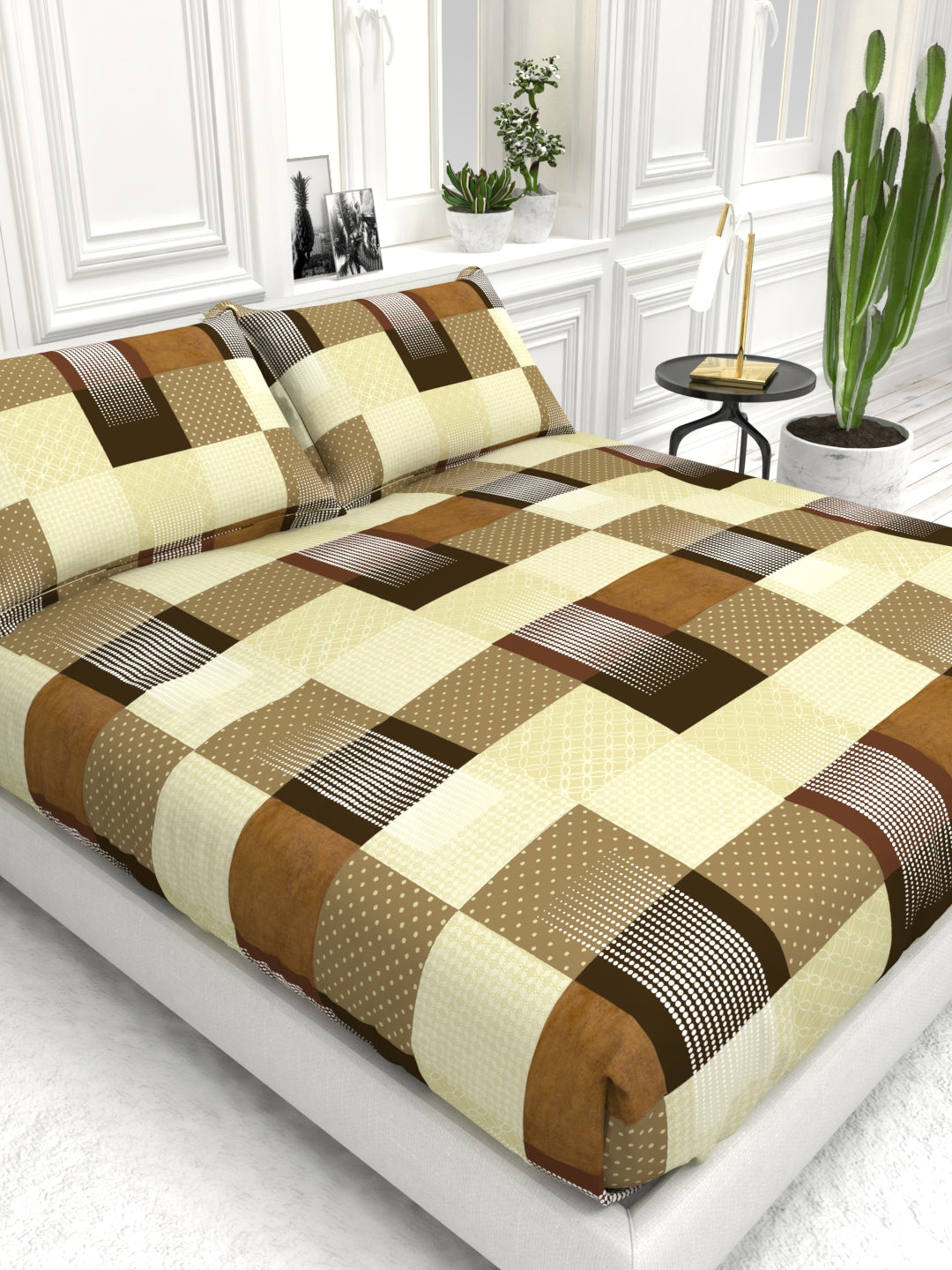 Bruno King Size Reactive Satin Bedsheet Set - Beige Brown