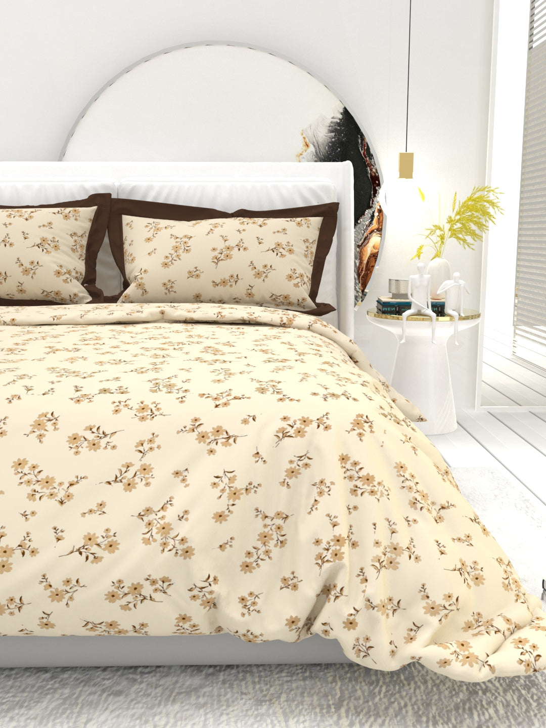 Carnation King Size Bedsheet Set with Contrast Border - Beige Brown