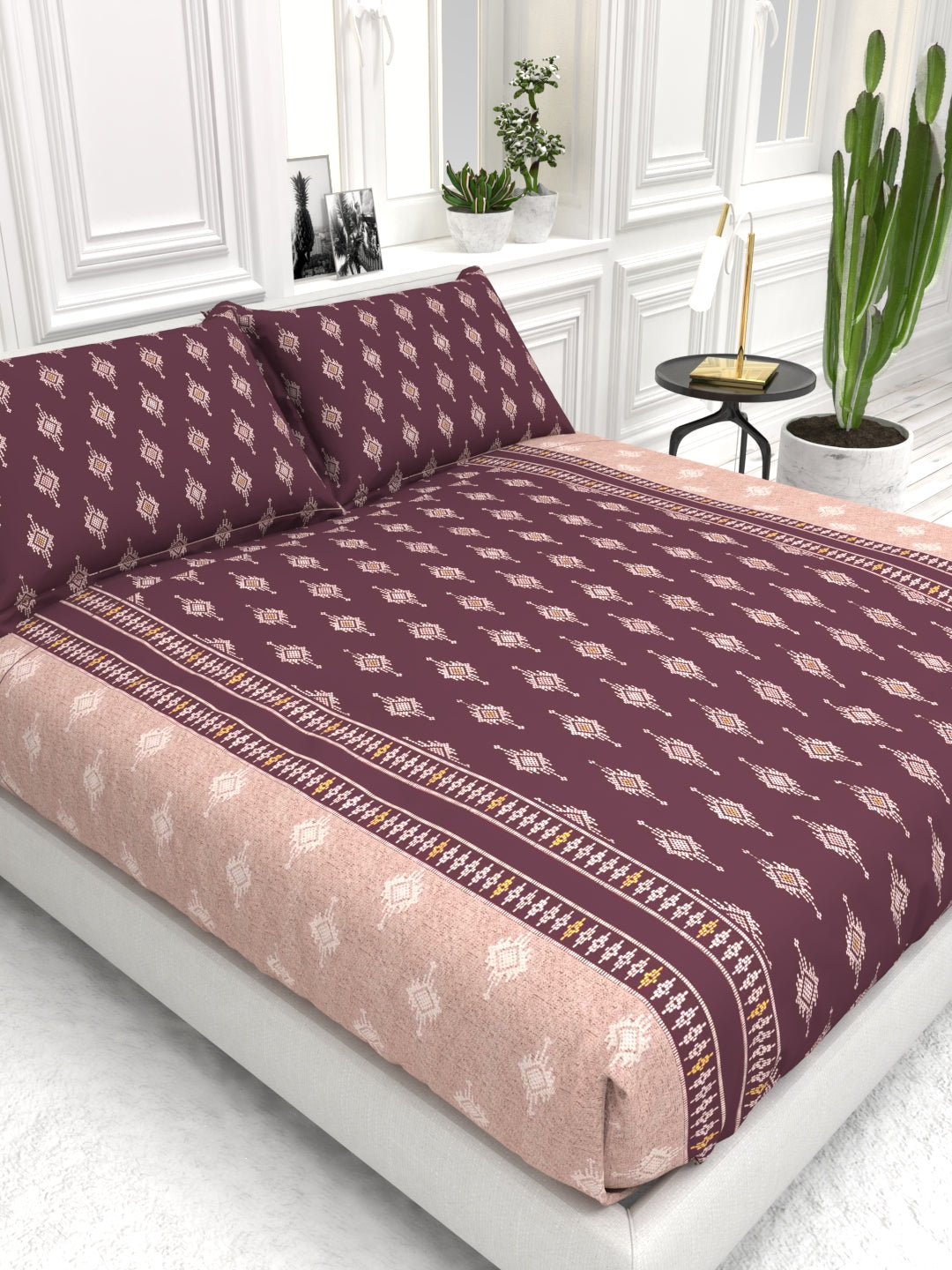 Bruno King Size Reactive Satin Bedsheet Set - Wine