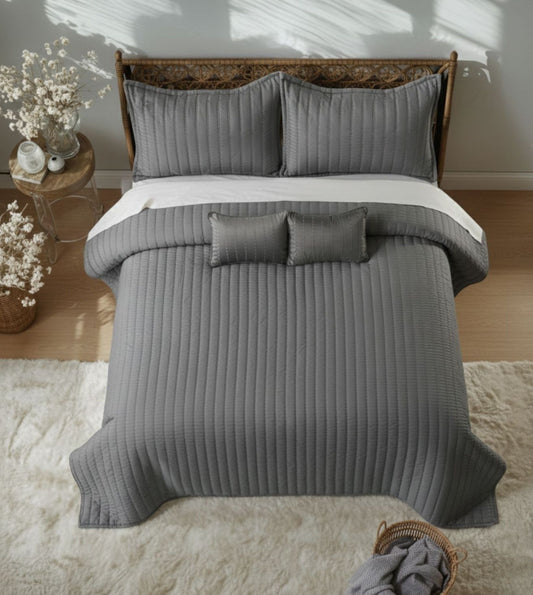 Luna 5-Piece Quilted & Embroidered Bedcover Ensemble - Grey