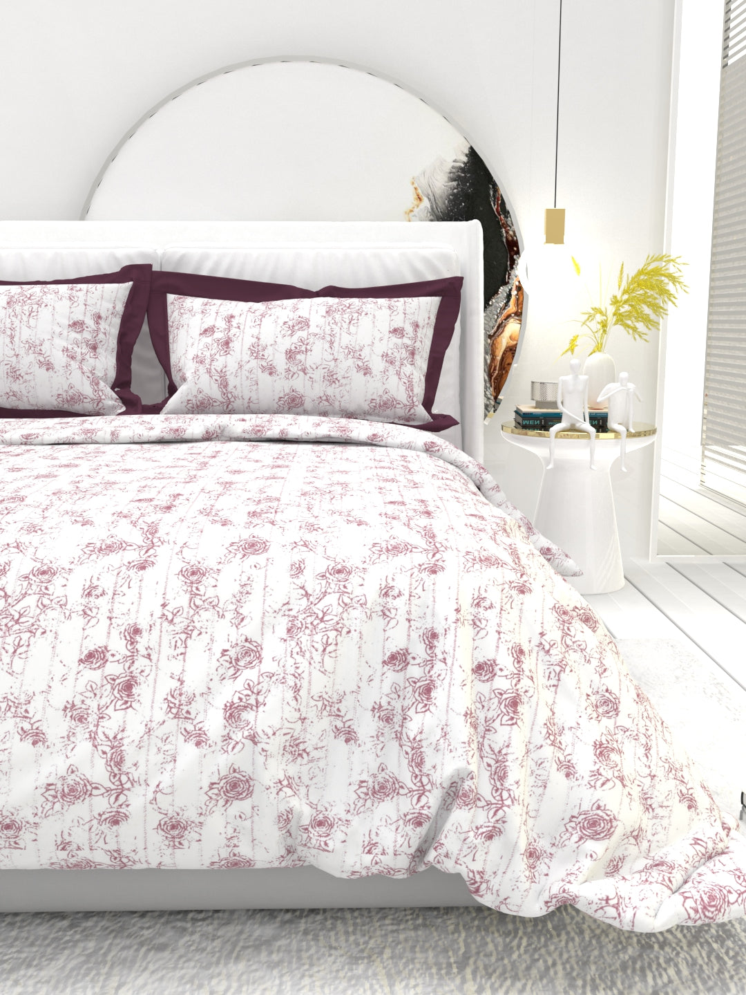 Carnation King Size Bedsheet Set with Contrast Border - White & Dark Pink