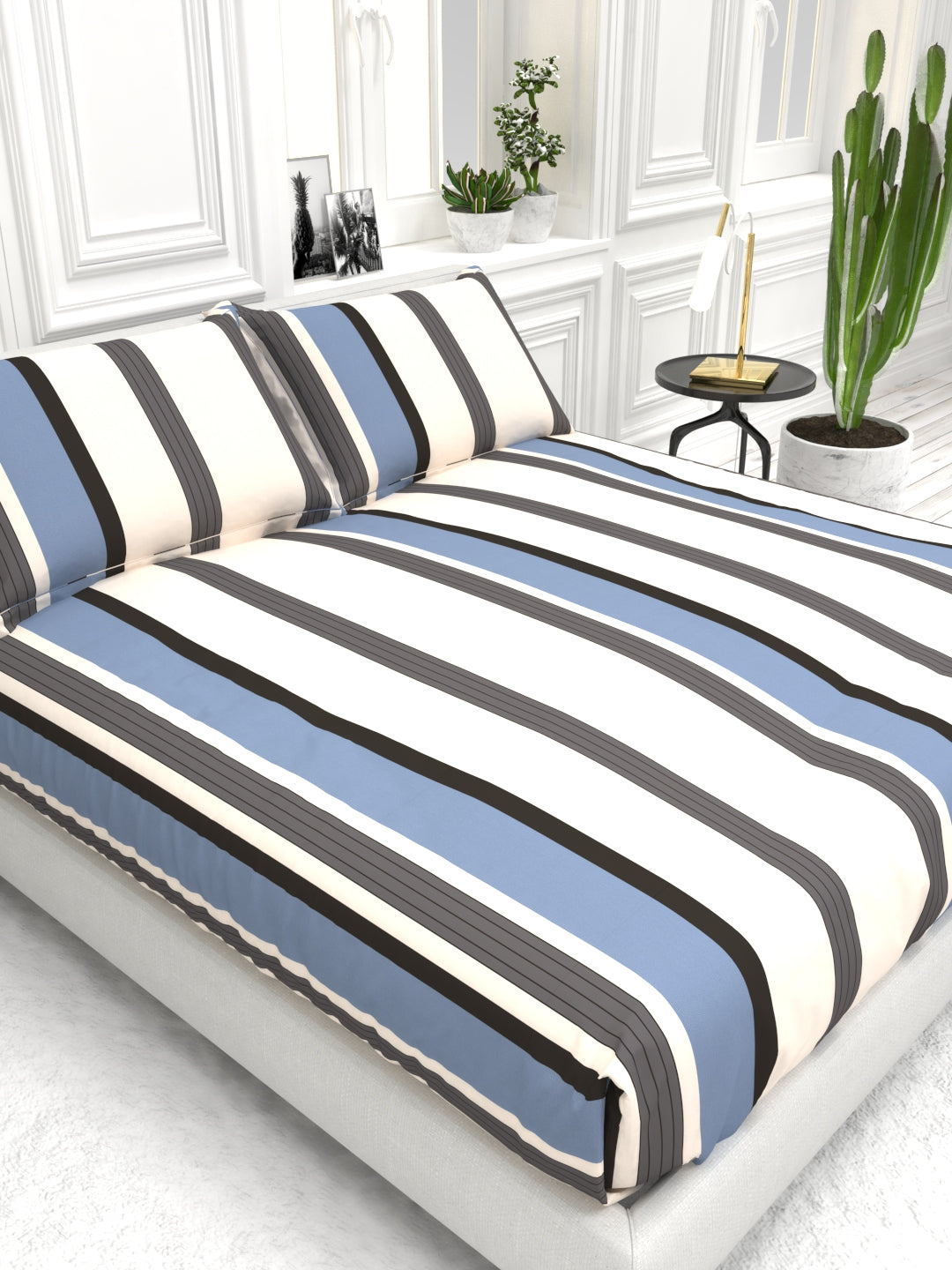 Cider Double Bed Micro-Cotton Sheet Set - Cream & Blue