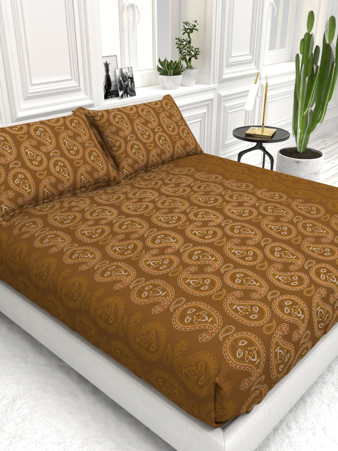 Bruno King Size Reactive Satin Bedsheet Set - Copper Brown