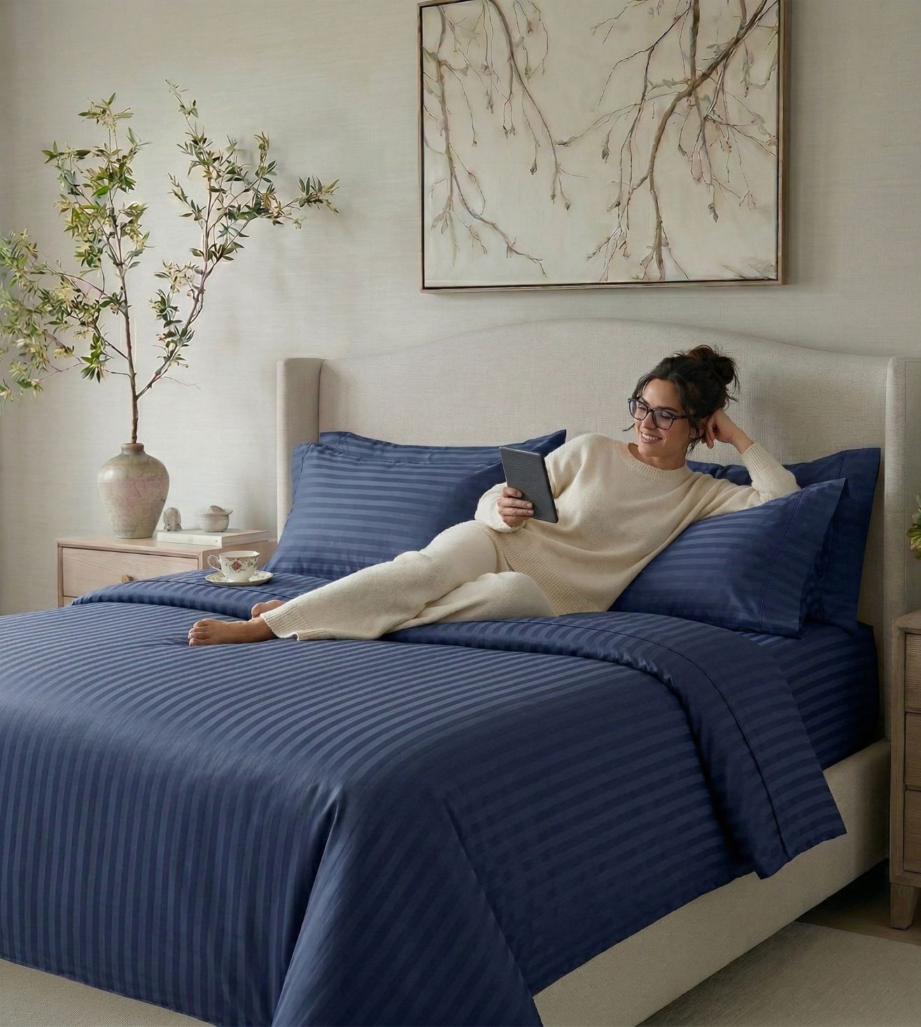 Sapphire 3-Piece 100% Cotton Satin Bedsheet Set - Navy Blue