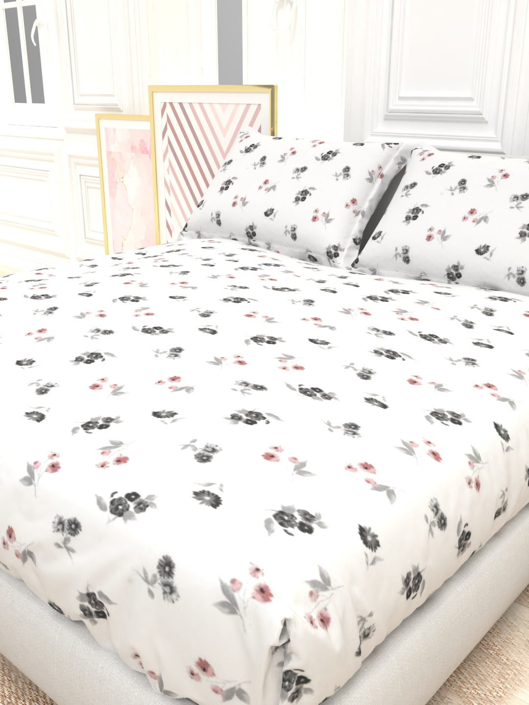 Orchid King Size Percale Bedsheet Set - White & Gray