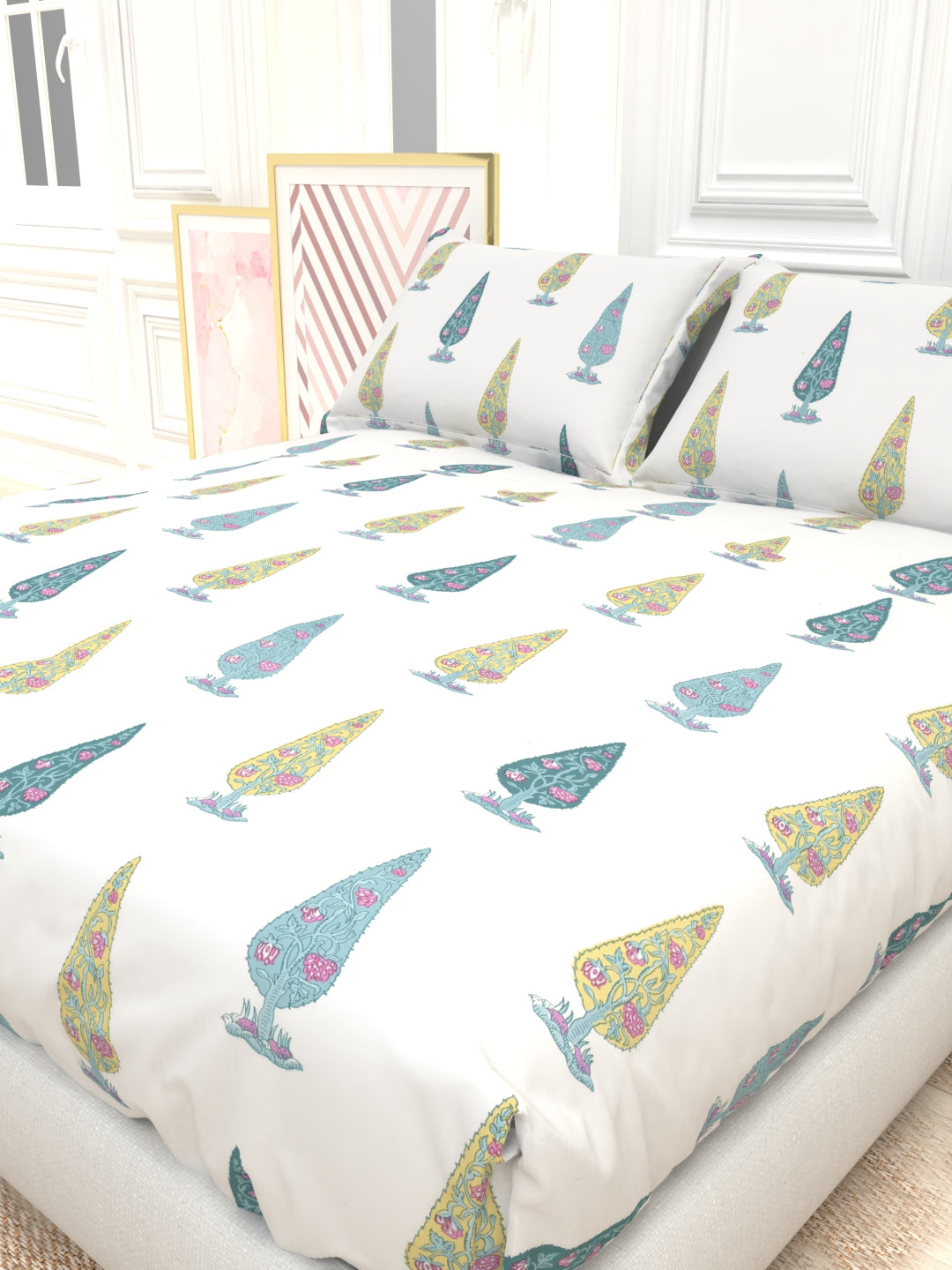 Orchid King Size Percale Bedsheet Set - White & Blue